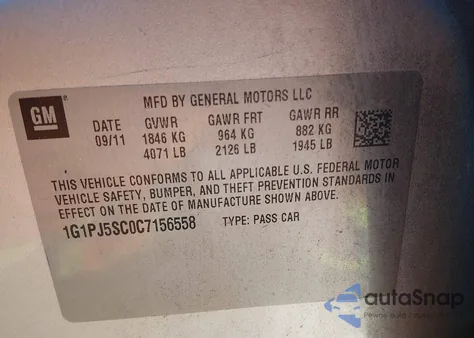 2012 Chevrolet Cruze Eco z USA, uszkodzony, nr VIN 1G1PJ5SC0C7156558